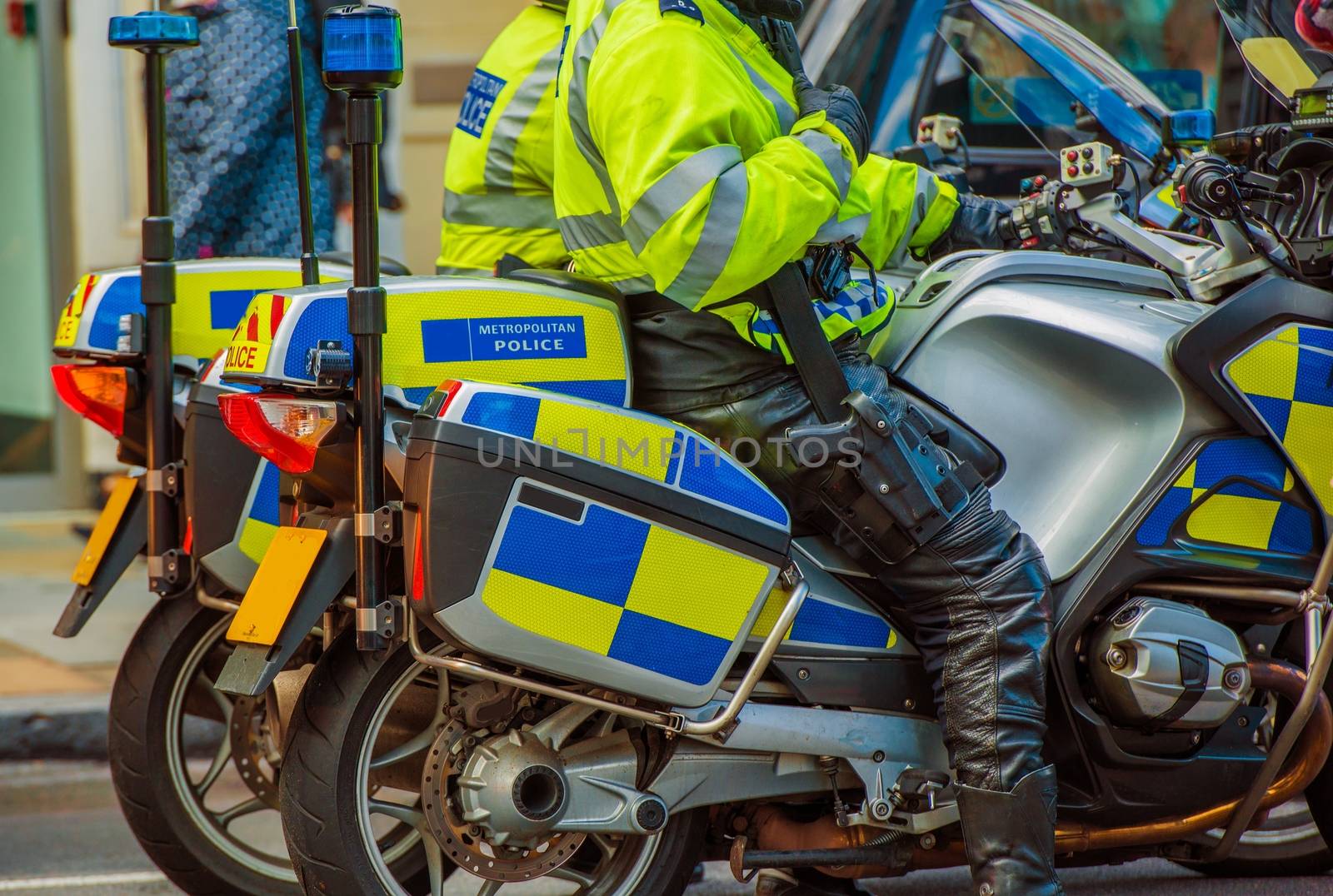London Motorcycle Police. London Metropolitan Police Officers on Bikes. London, United Kingdom.
