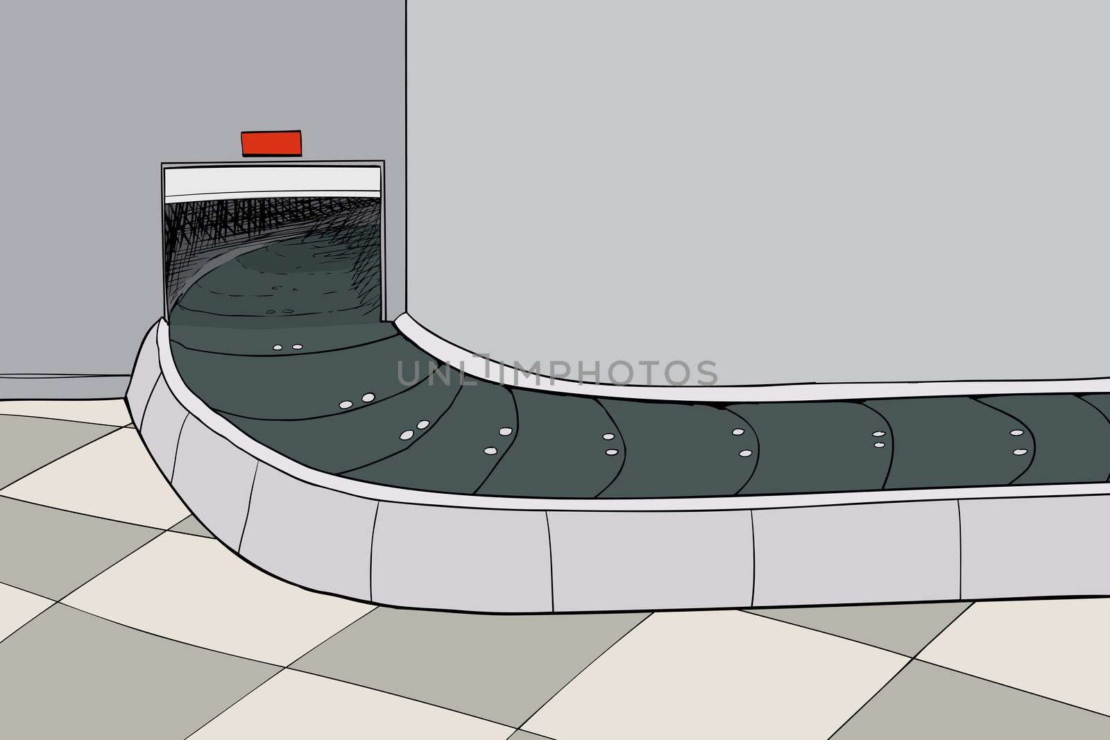 Hand drawn illustration of an empty baggage claim carousel