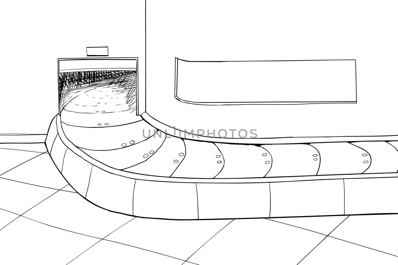 Outlined illustration of an empty baggage claim carousel area