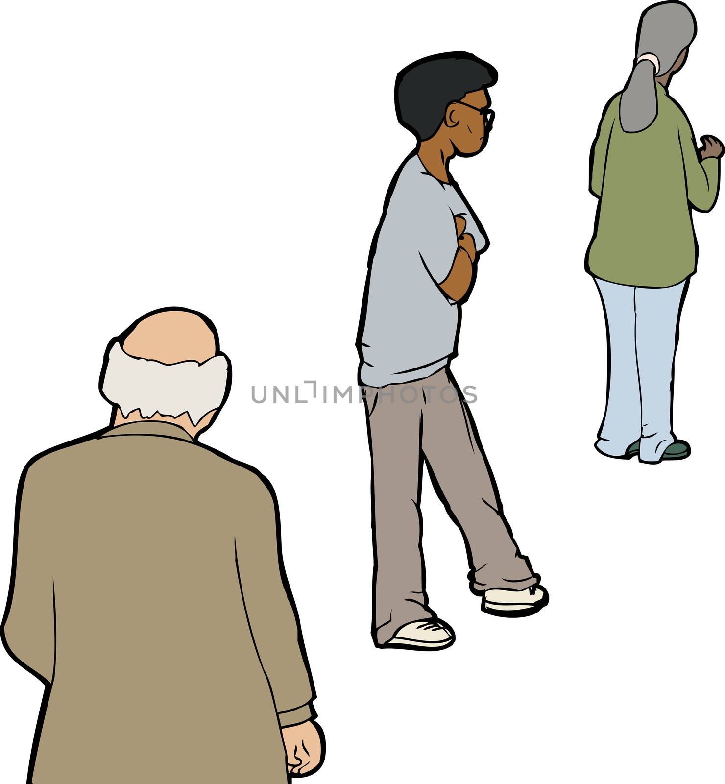 Freehand cartoon of three people waiting in line