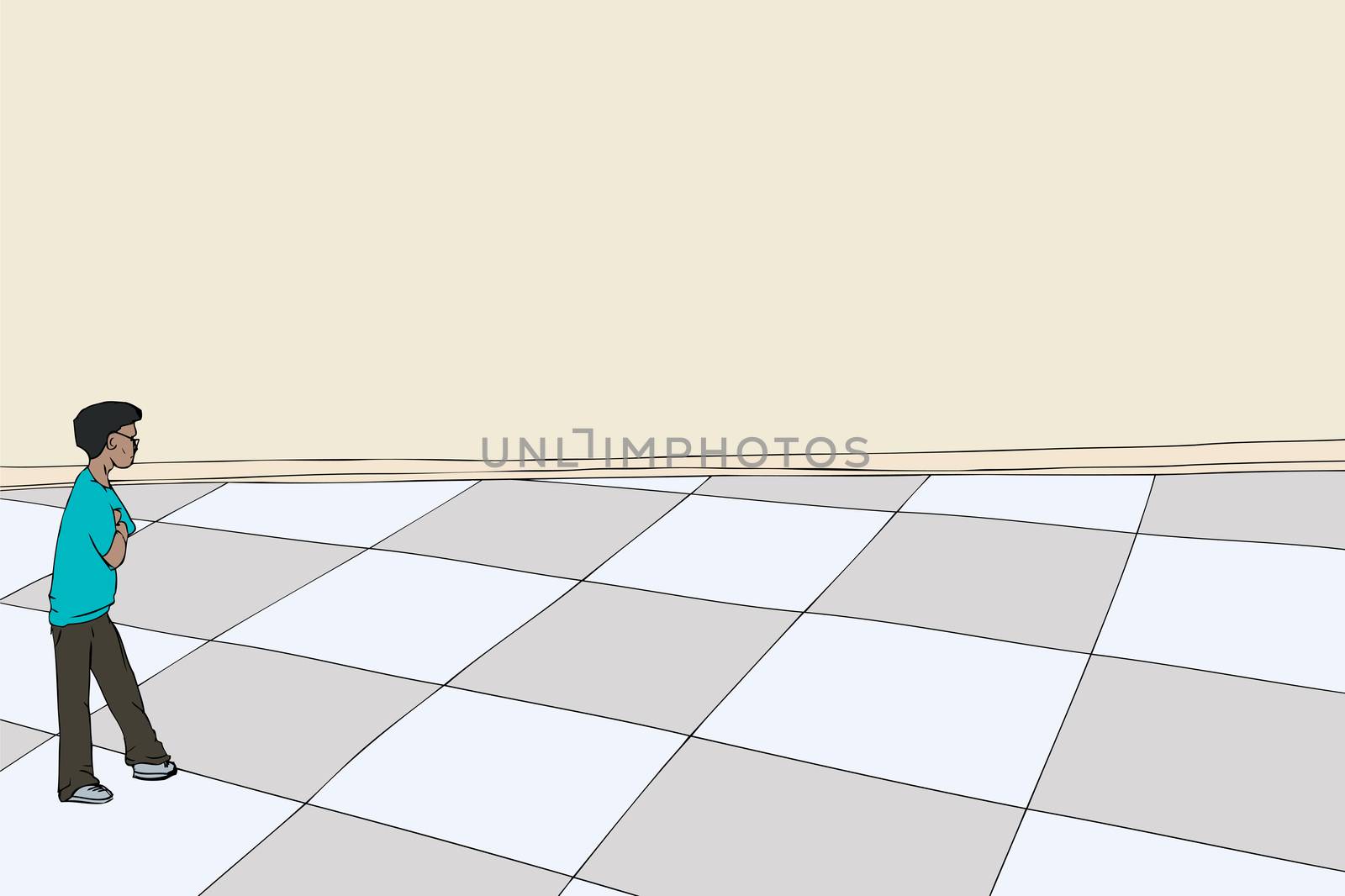 Man with eyeglasses looking over checkered floor