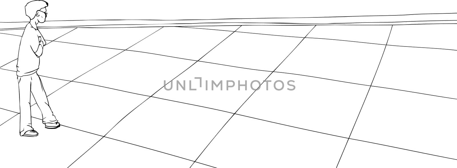 Outline of single person looking over checkered floor