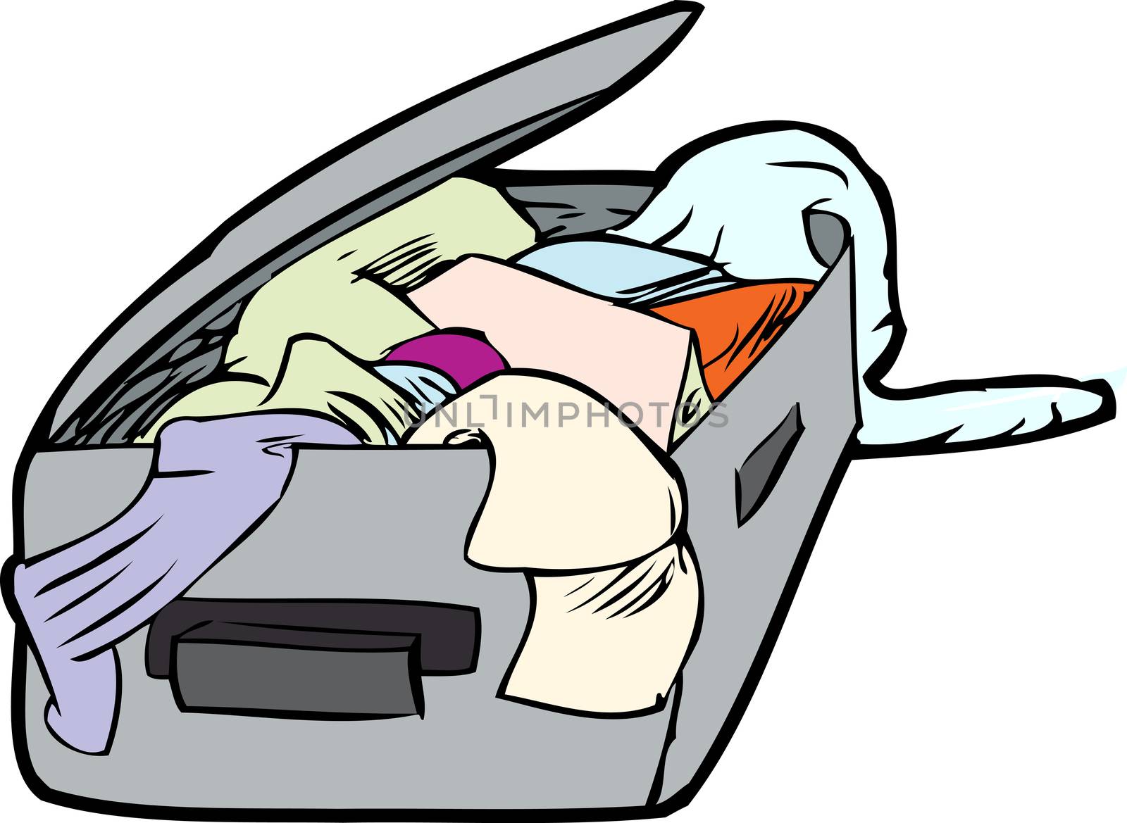 Cartoon messy open suitcase with clothing inside over white