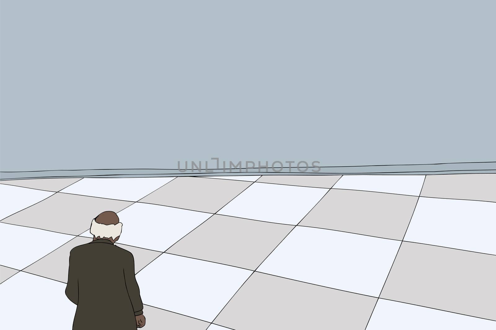 Background cartoon of balding businessman looking over floor