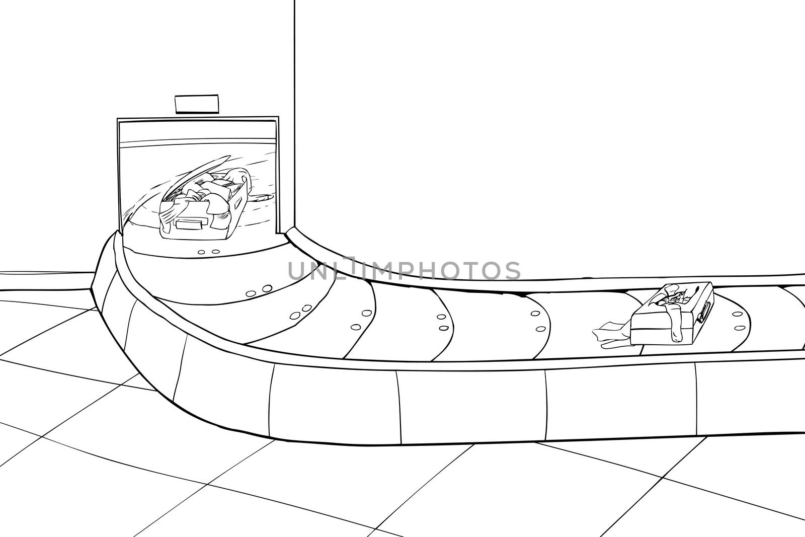 Outline illustration of two damaged suitcases in baggage claim scene