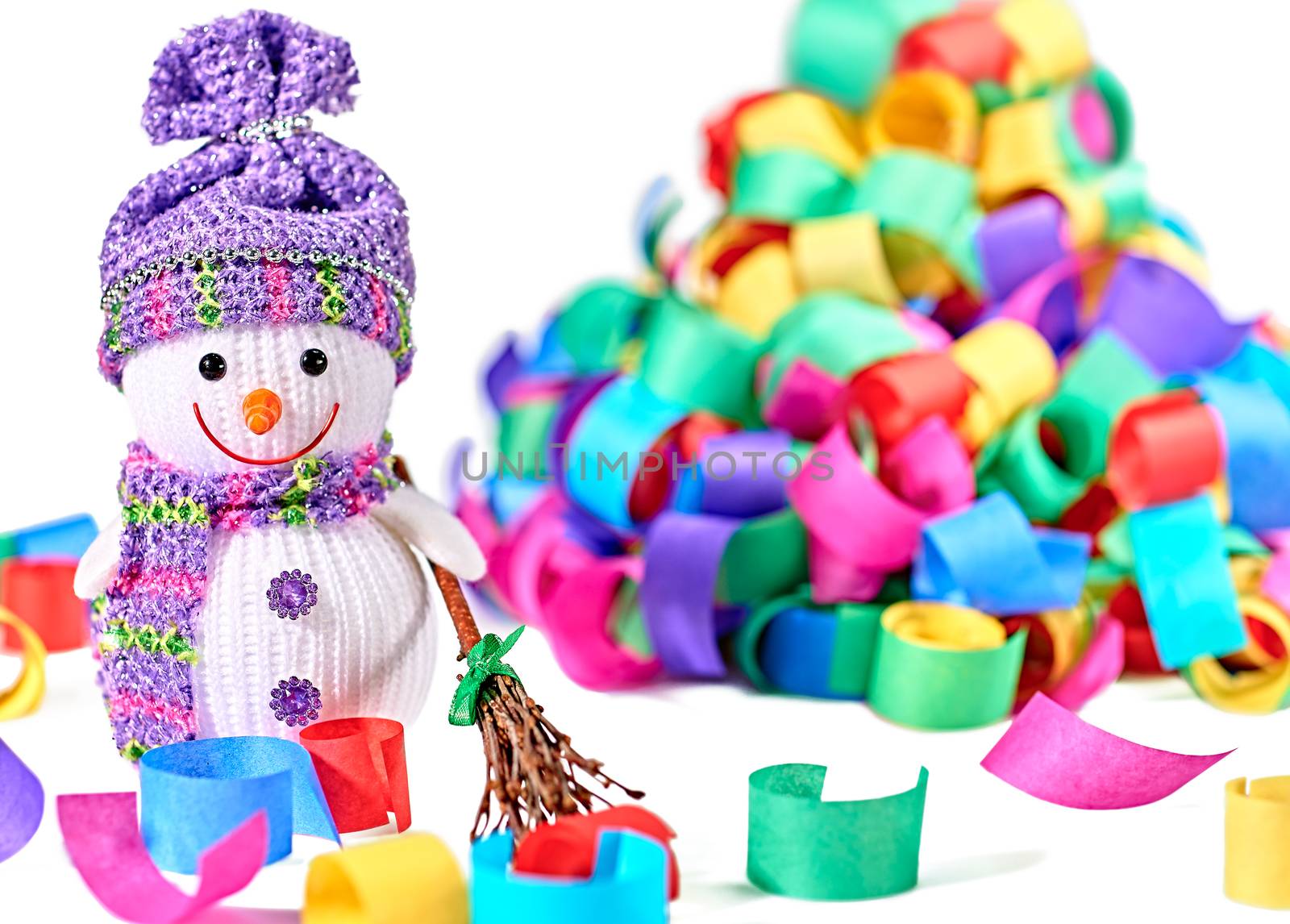 New Year 2016. Happy Snowman. Party decoration multicolored serpentine confetti. Cheerful fun winter holiday on white background, copyspace.Snowman celebration in festive hat, scarf smiling with broom