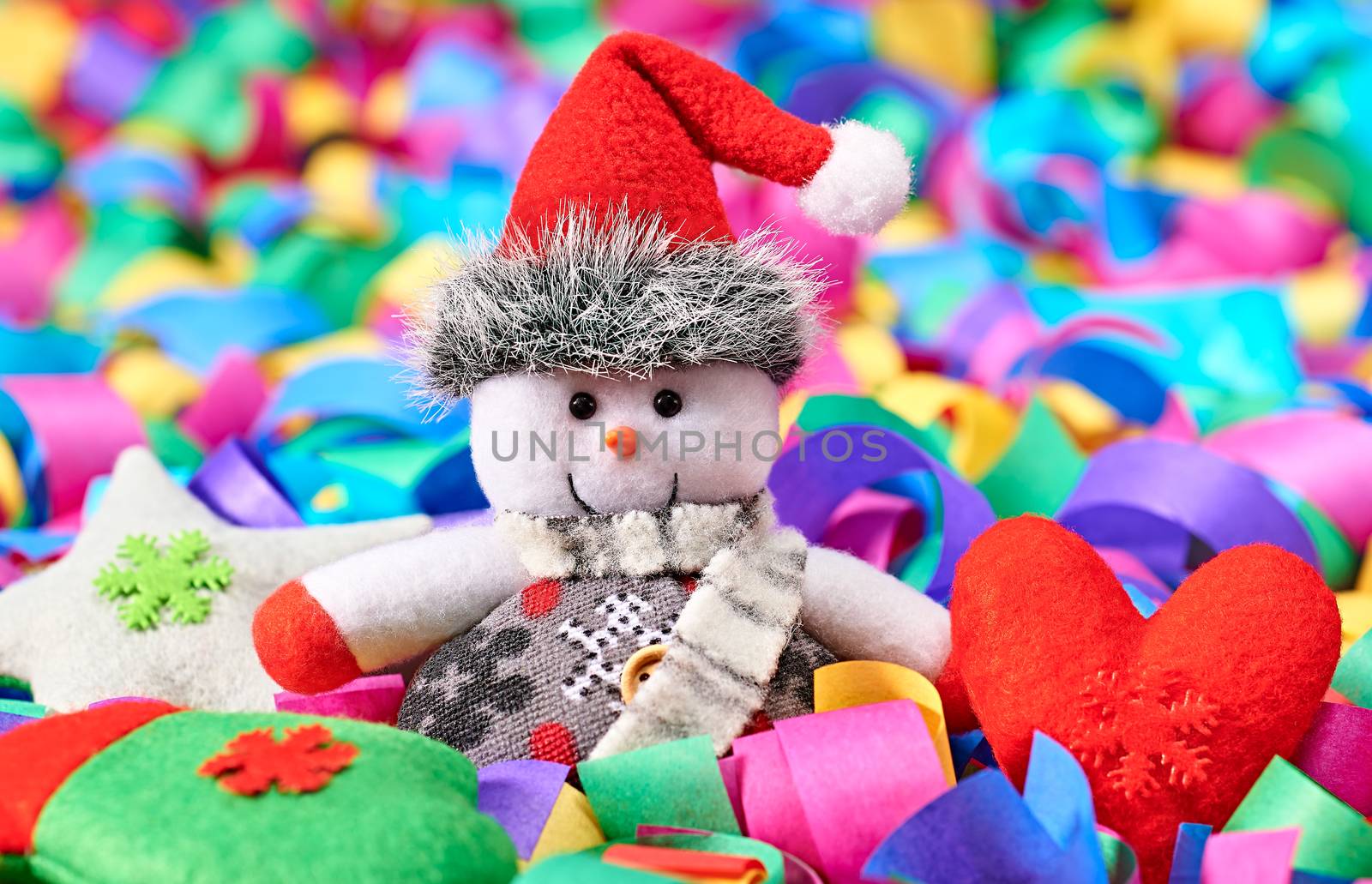 New Year 2016. Happy Snowman. Party decoration multicolored serpentine confetti. Cheerful fun winter holiday, copyspace.Snowman celebration in festive hat, scarf smiling, festive background