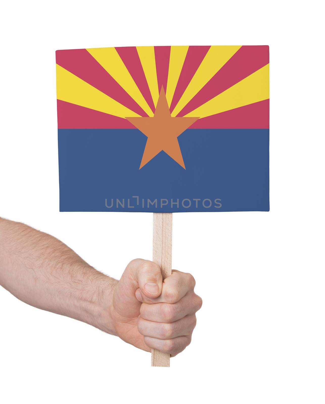 Hand holding small card, isolated on white - Flag of Arizona