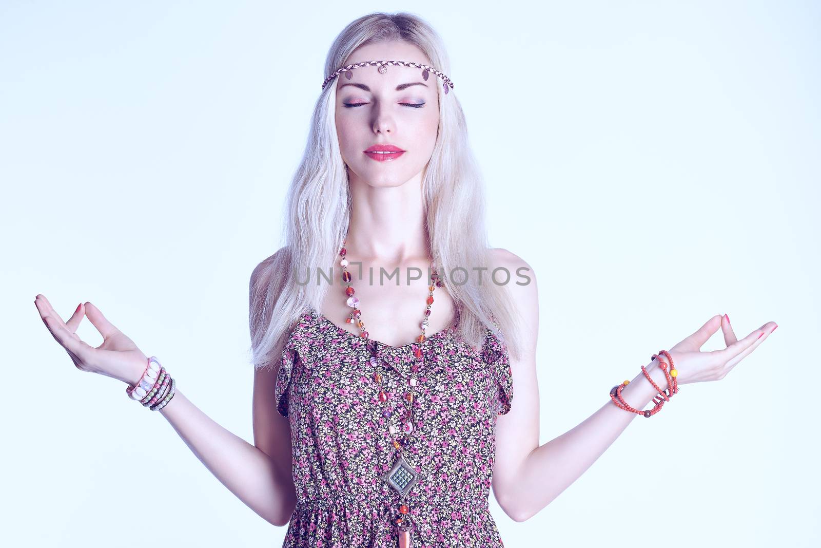 Beauty portrait of boho blonde woman meditates, doing yoga, closed eyes, people, copyspace. Attractive hippie model girl enjoying relax, harmony. Young happy woman in floral sundress . Romantic style