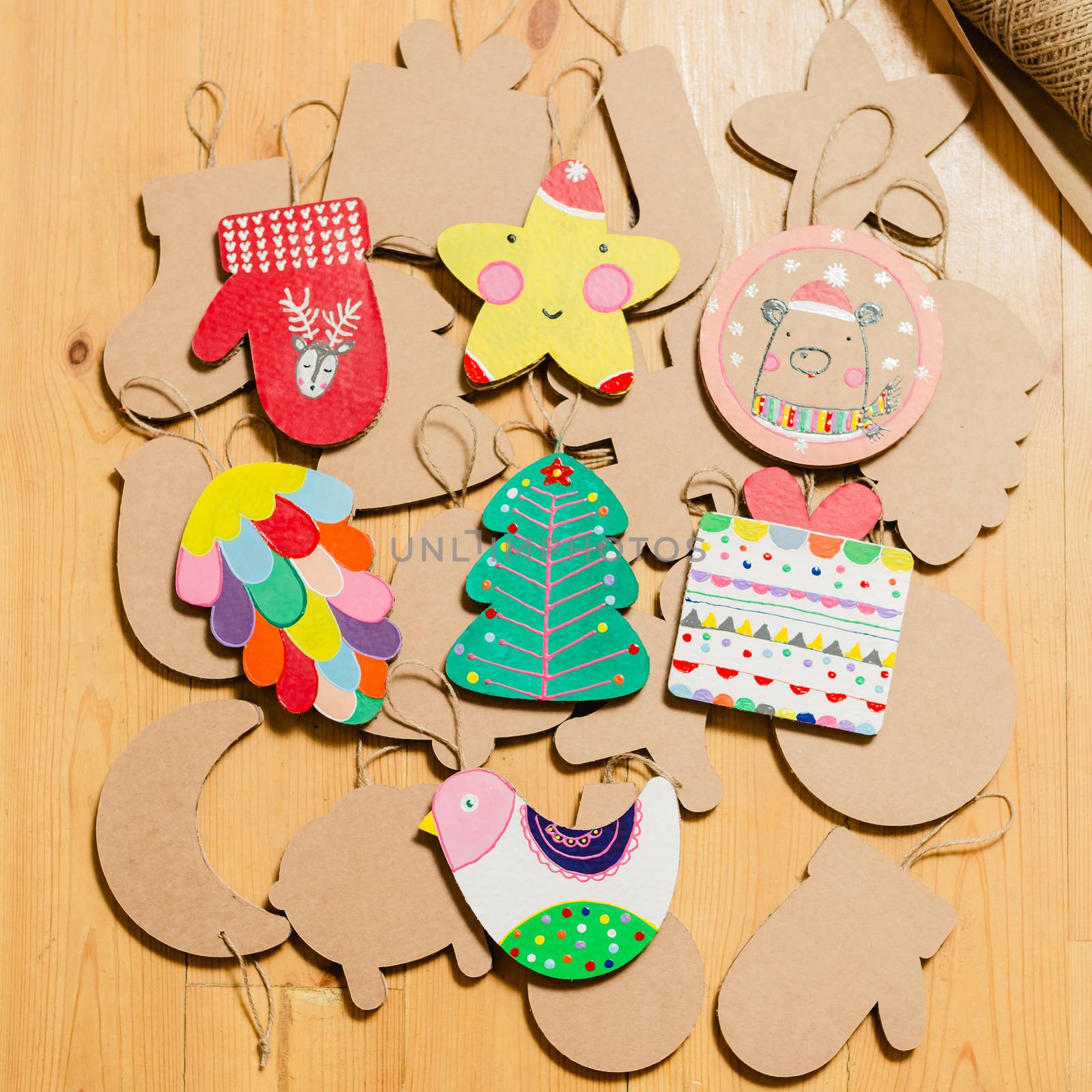 Cardboard toys for the Christmas tree or Christmas garland. Christmas decorations. Selective Focus