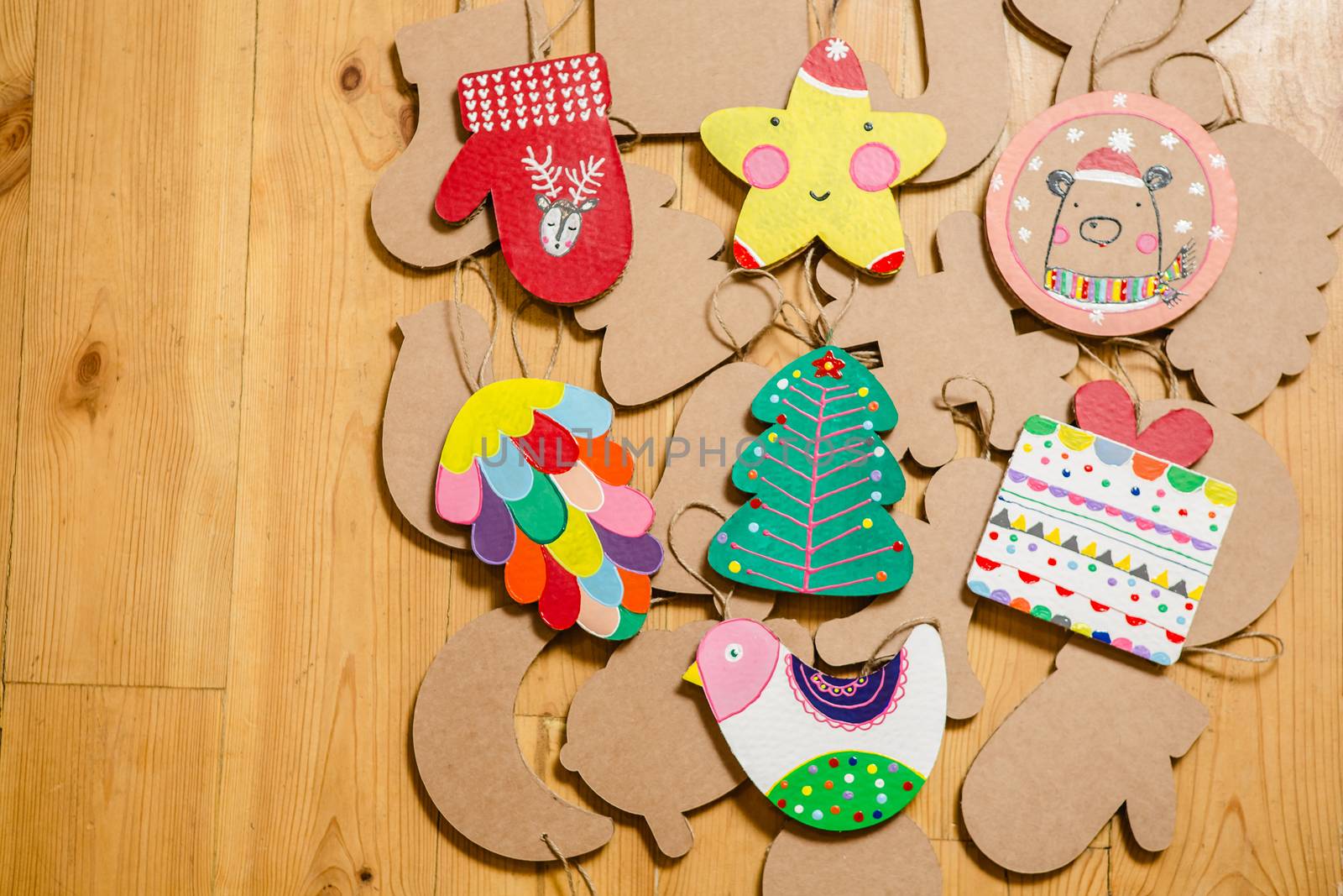 Cardboard toys for the Christmas tree or Christmas garland. Christmas decorations. Selective Focus