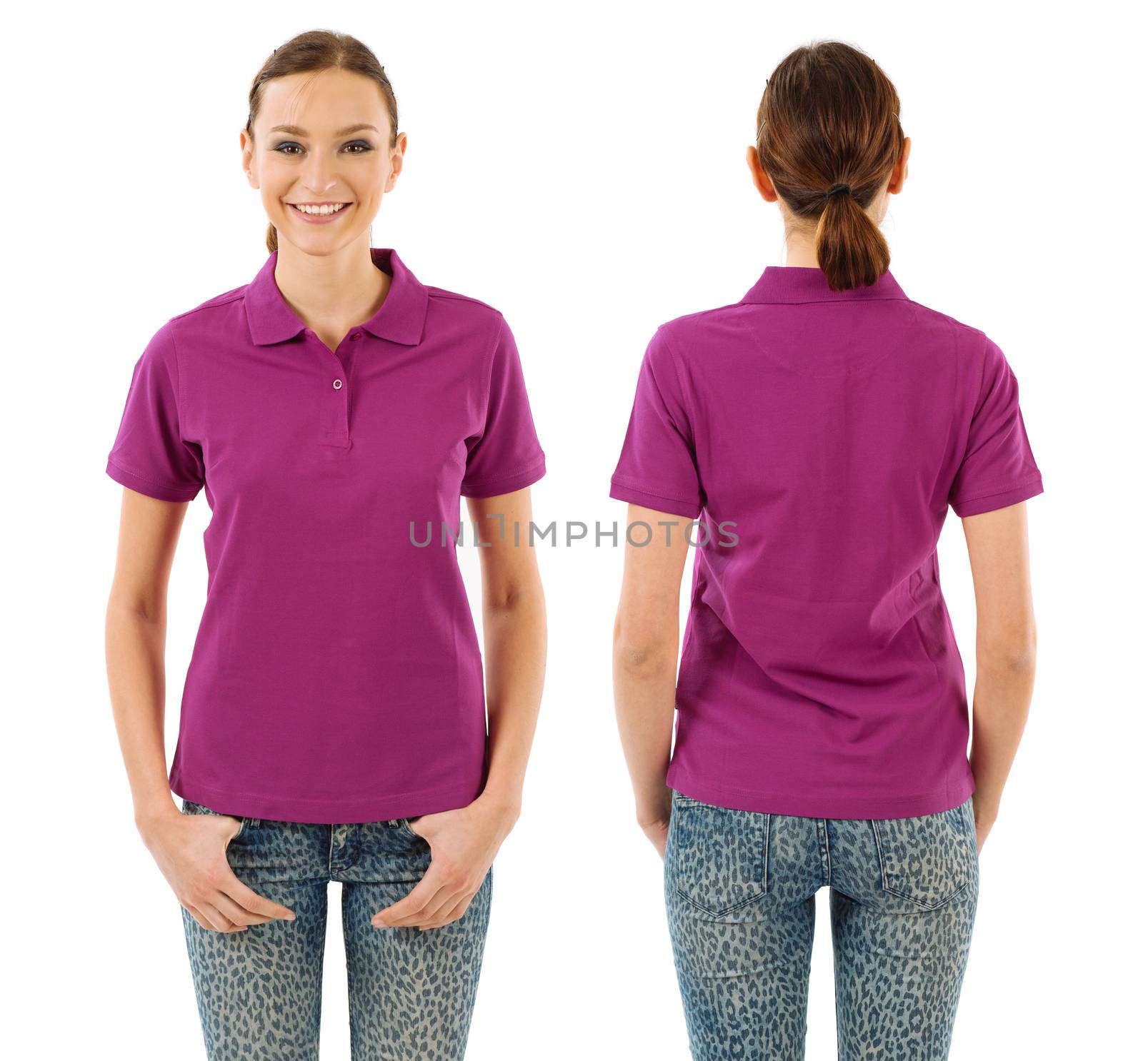 Happy woman with blank purple polo shirt by sumners