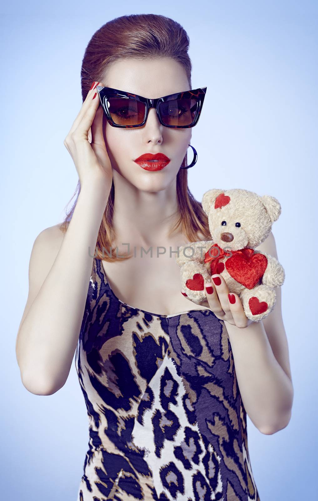Beauty fashion redhead woman and loving teddy bear by 918