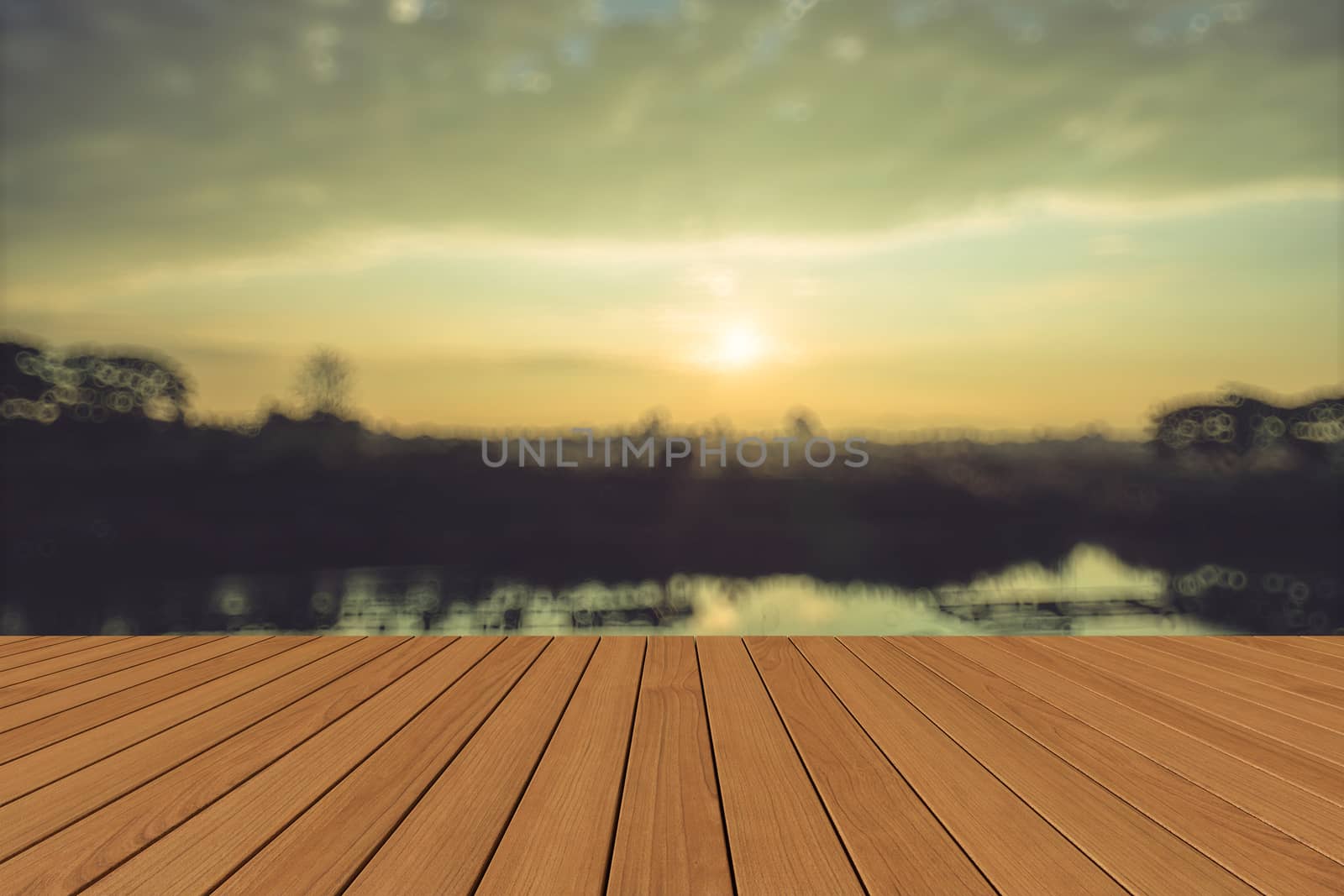 Perspective wood and bokeh light background by teerawit