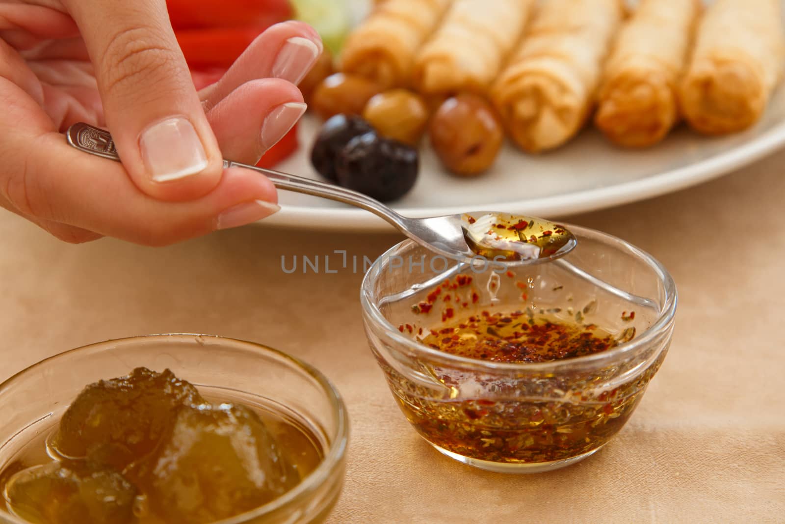 Rich and delicious jam and honey in Turkish breakfast.