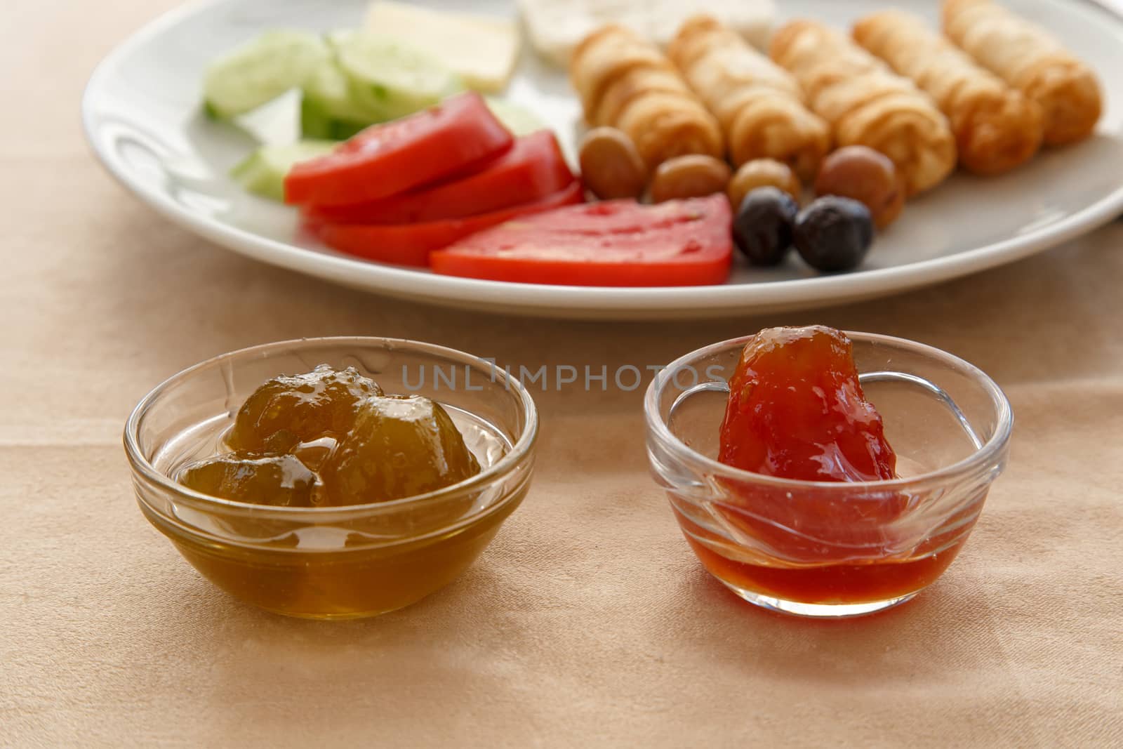 Rich and delicious jam and honey in Turkish breakfast.