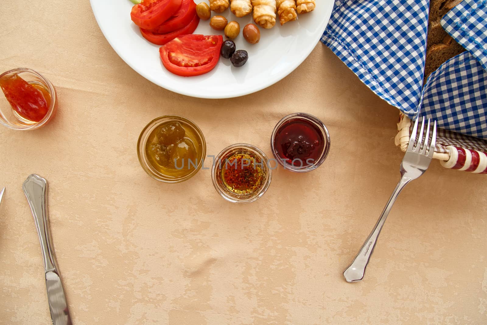 Rich and delicious jam and honey in Turkish breakfast.