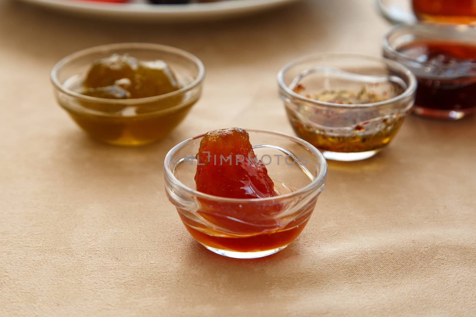 Rich and delicious jam and honey in Turkish breakfast.