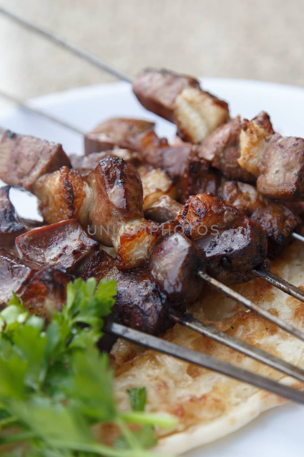 Close up detailed view of grilled delicious liver shish kebab of Turkey served on a white plate with parsley and onion.