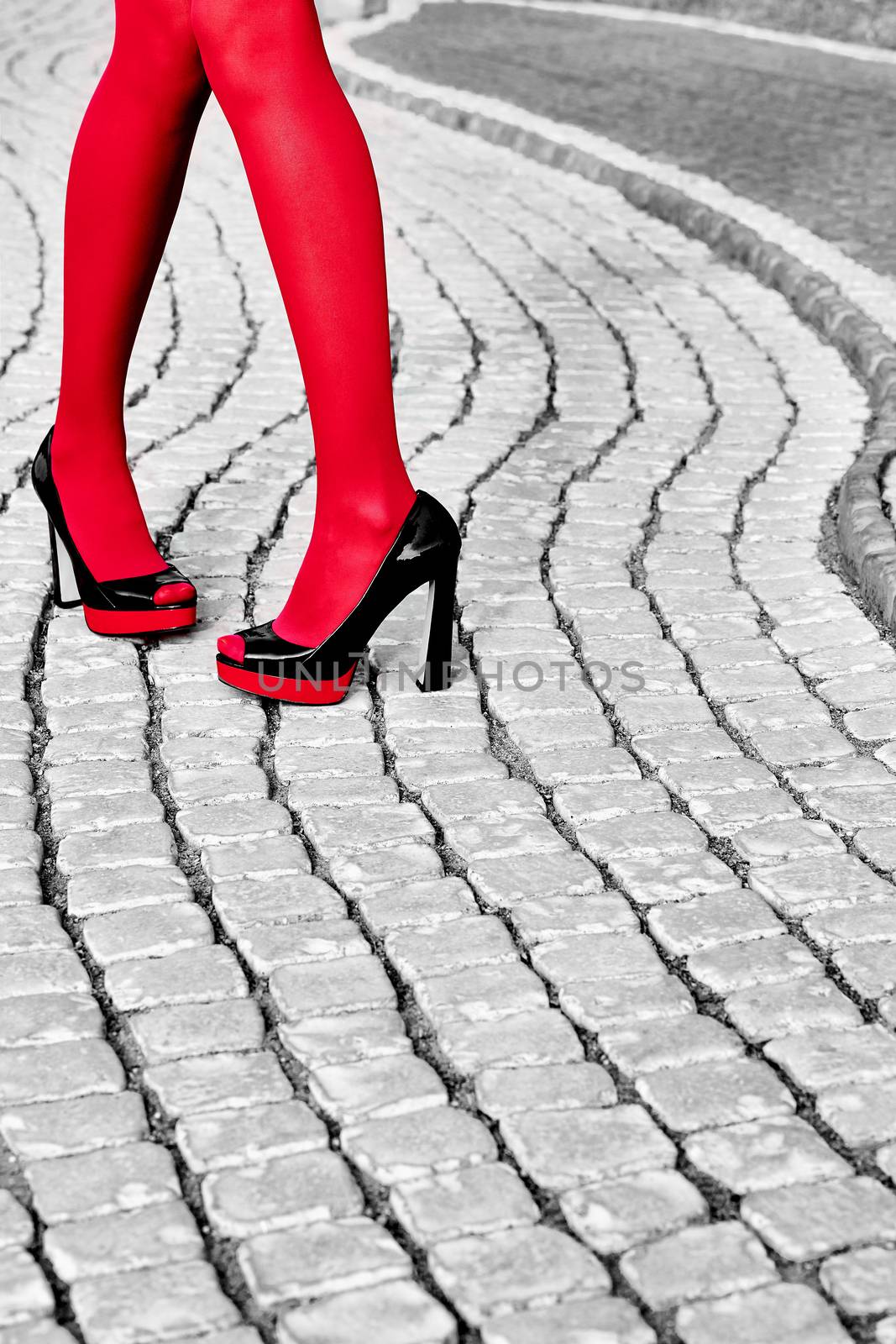 Fashion urban womens legs, heels. Black white, red by 918