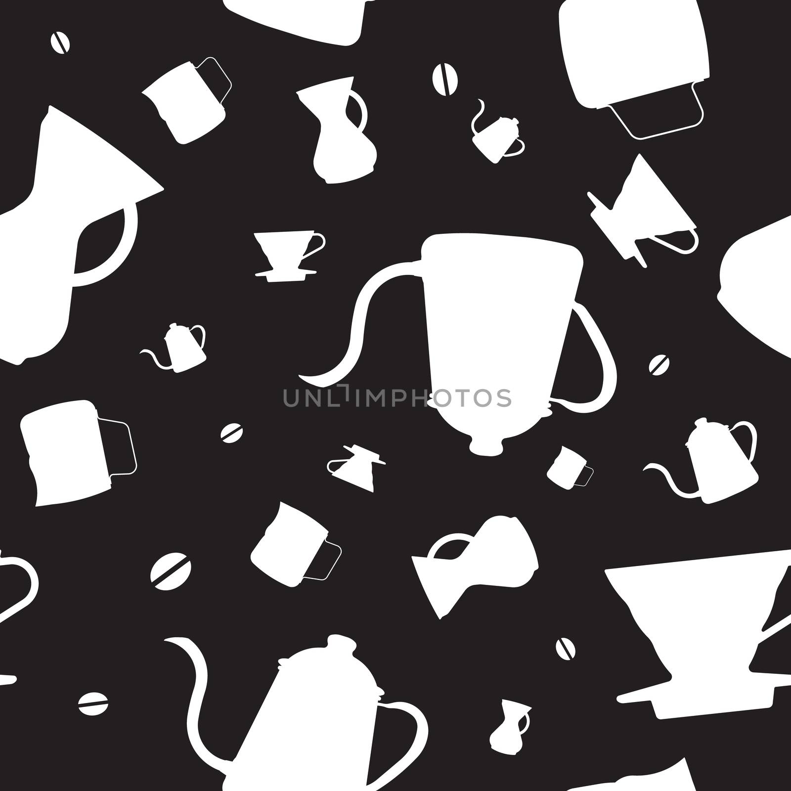 White silhouette flat design icons, Pour over drip coffee makers, goose neck kettles, chemex, coffee beans, and pitcher are illustrated randomly to be seamless graphic pattern.