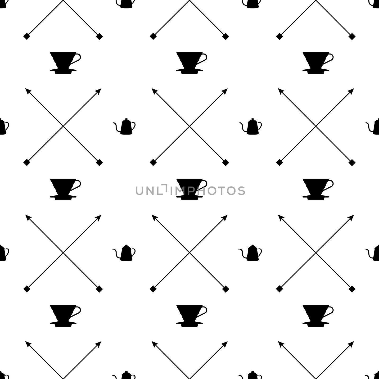 Black and white flat design icons, Pour over drip coffee makers, goose neck kettles, and crossed arrows are illustrated to be seamless graphic pattern.