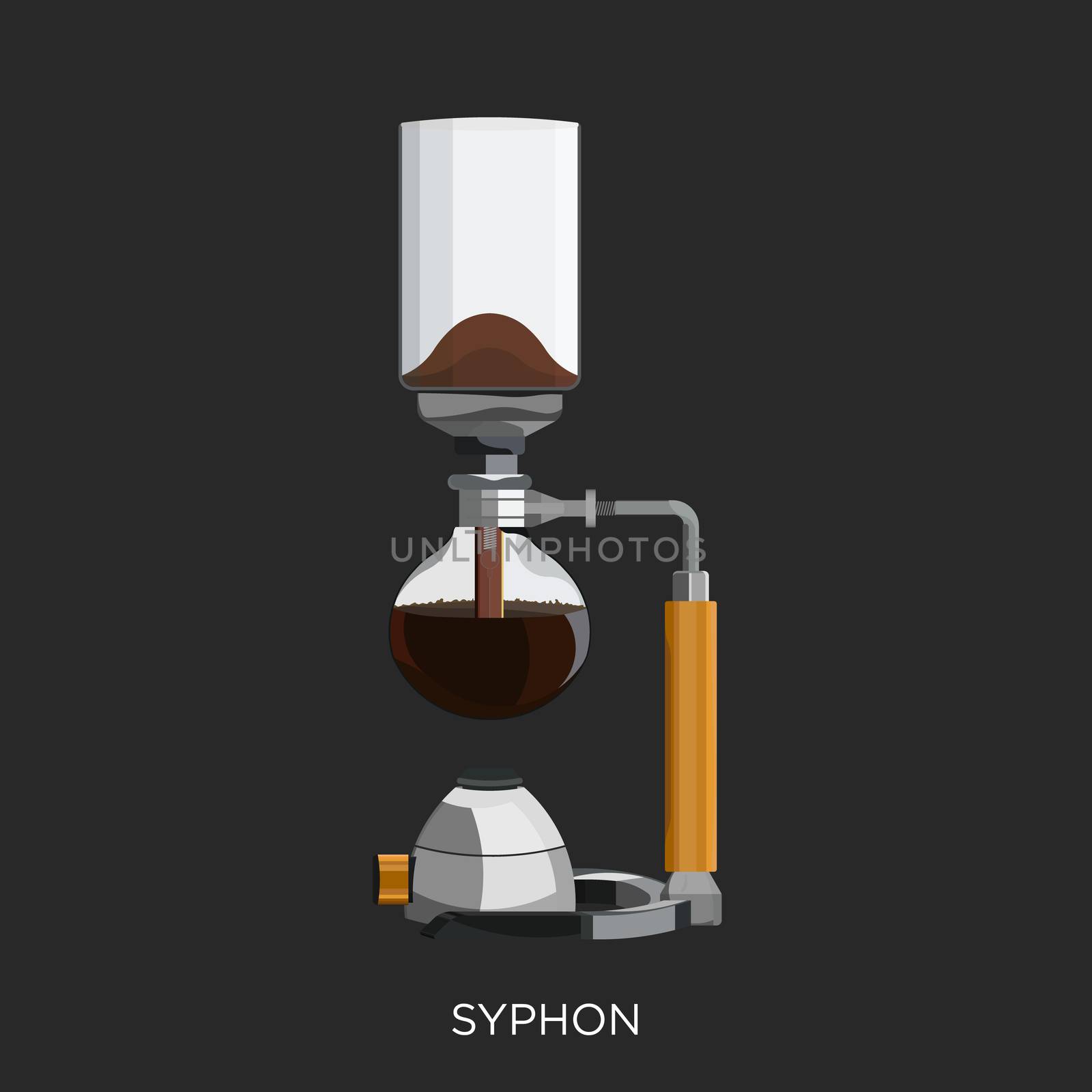 Syphon, a vacuum coffee maker with the wood handle, brews coffee using two chambers where vapor pressure and vacuum produce coffee.