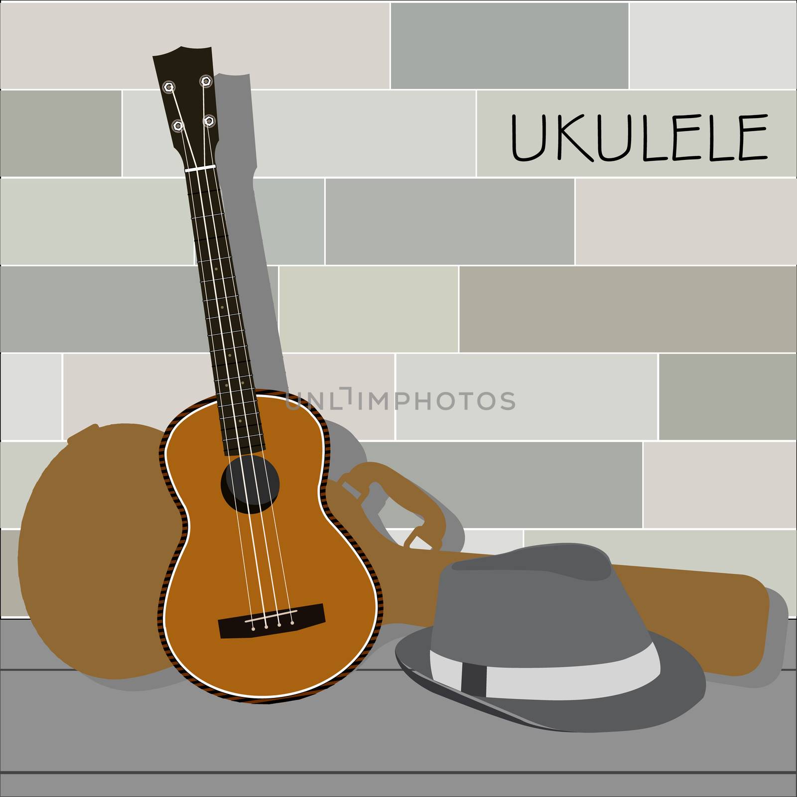 Ukulele and Panama Hat on Various Color Tiles Background