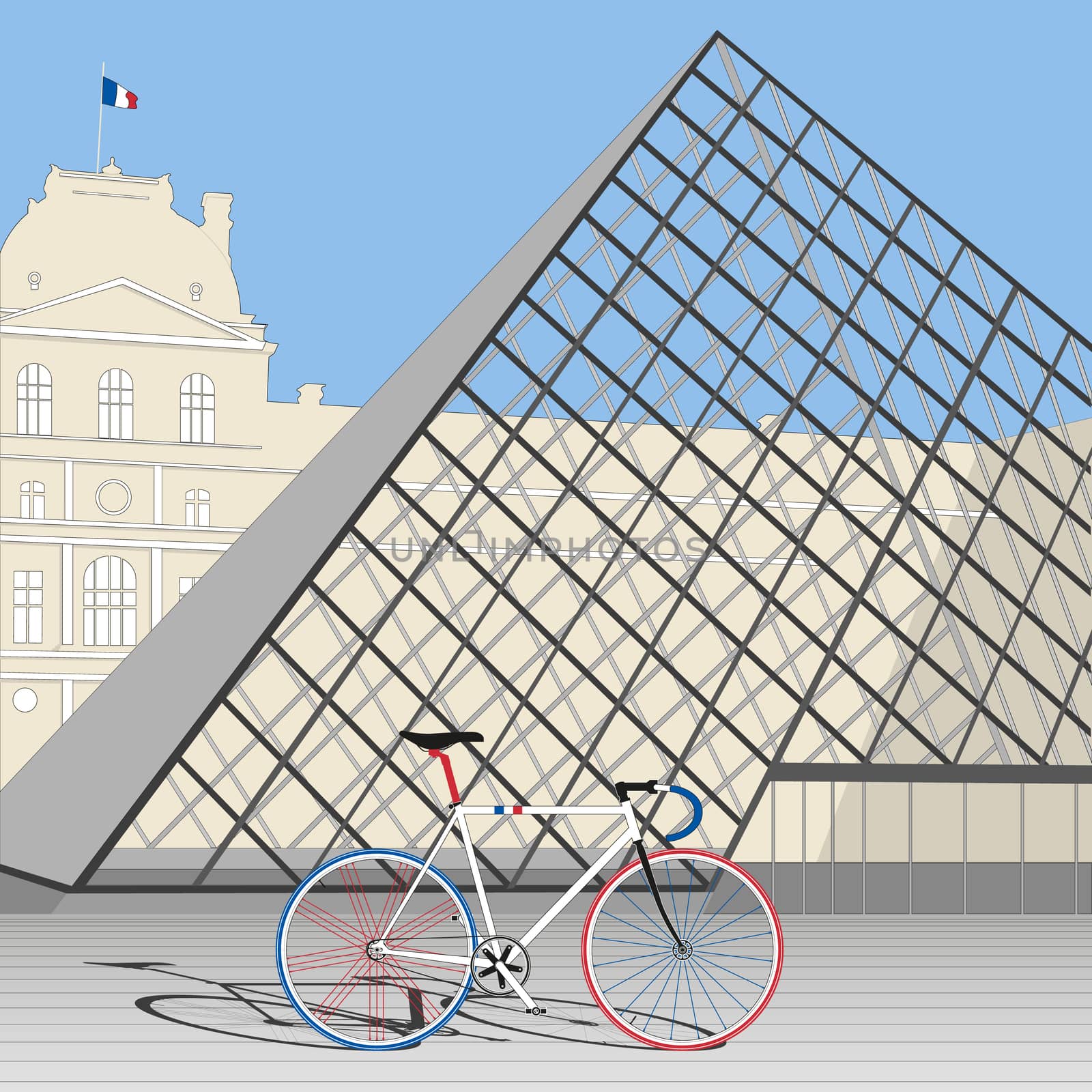 The road Bike painted with tricolor of France park at one of the most famous attractions of France.