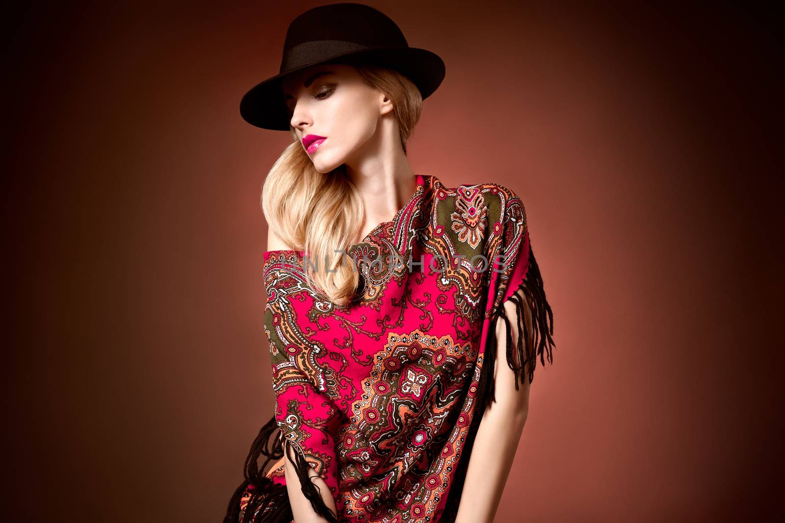 Fashion beauty woman in stylish hat shawl, autumn  by 918