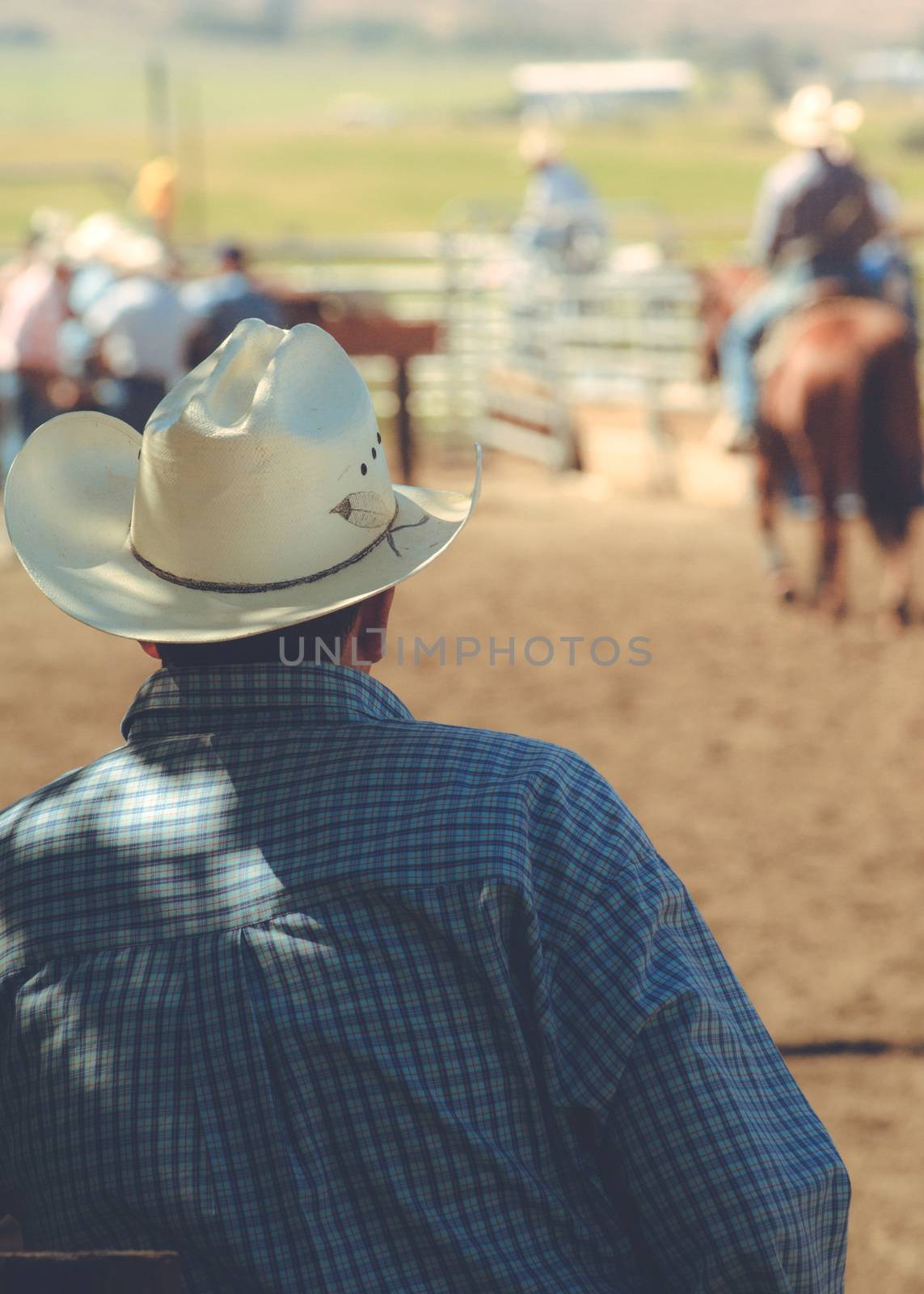 Rear view of man wearing cowboy hat.