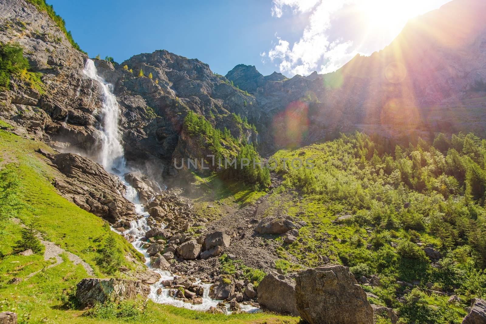 Adelboden Waterfalls Summer Time Scenery. Adelboden, Switzerland, Europe. Swiss Alps.