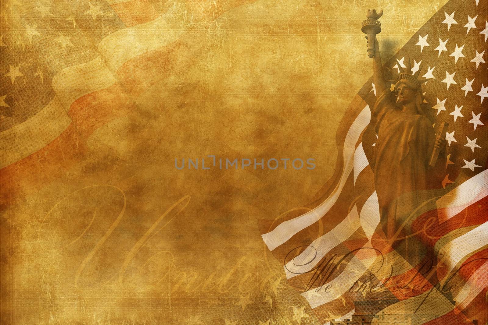 We The People Old American Background with Statue of Liberty and United States Flag.