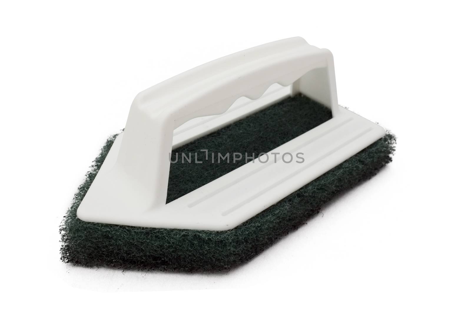 Clean scrubber isolated on white background, green fiber scourer with plastic handle by Hepjam