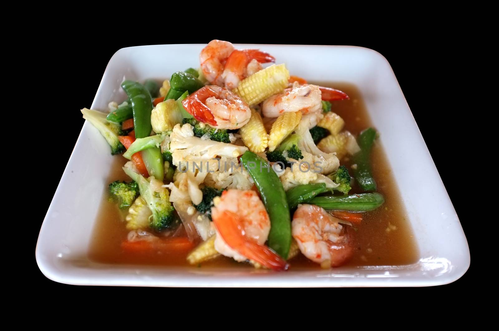 Stir fry mixed vegetables and shrimp in white dish by Hepjam