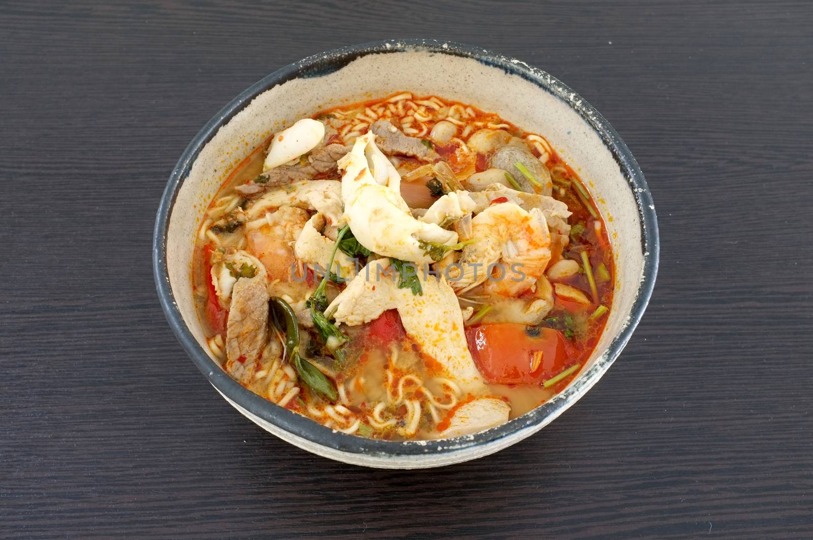 Asian spicy seafood noodle soup, Thai style instant seafood noodle soup