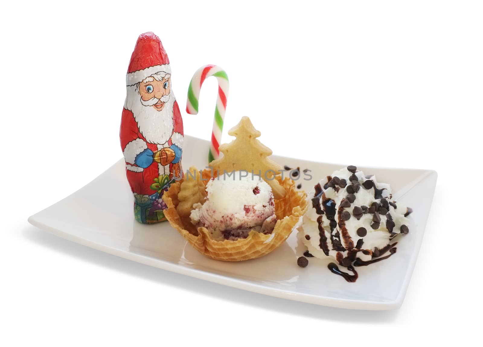 Ice cream in wafer cone / bowl with christmas decoration