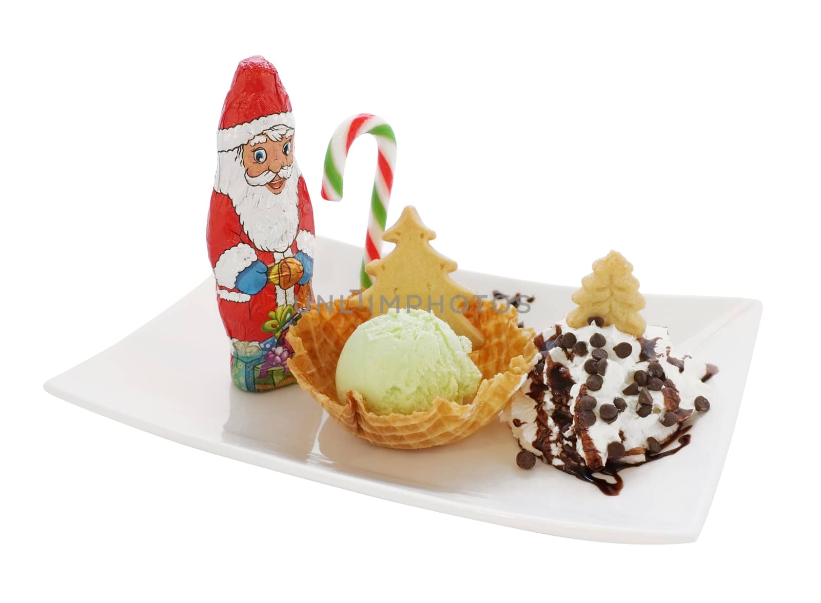 Ice cream in wafer cone / bowl with christmas decoration