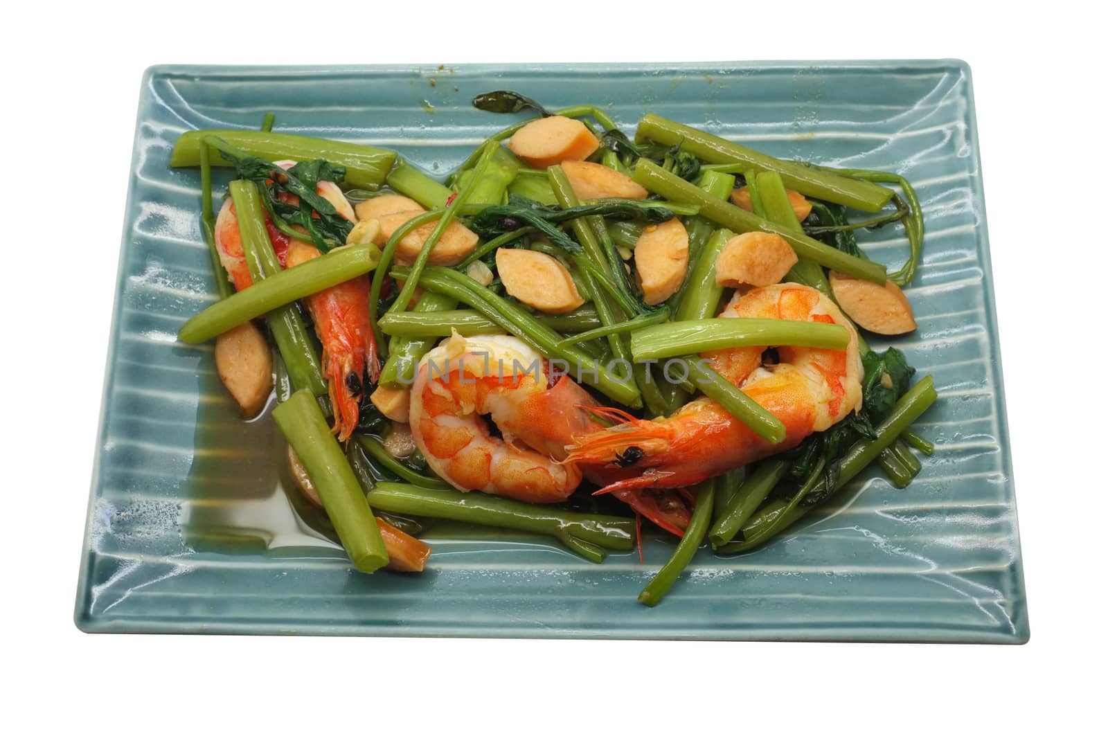 Stir Fried Water Spinach / Morning Glory with shrimp / seafood, Thai food