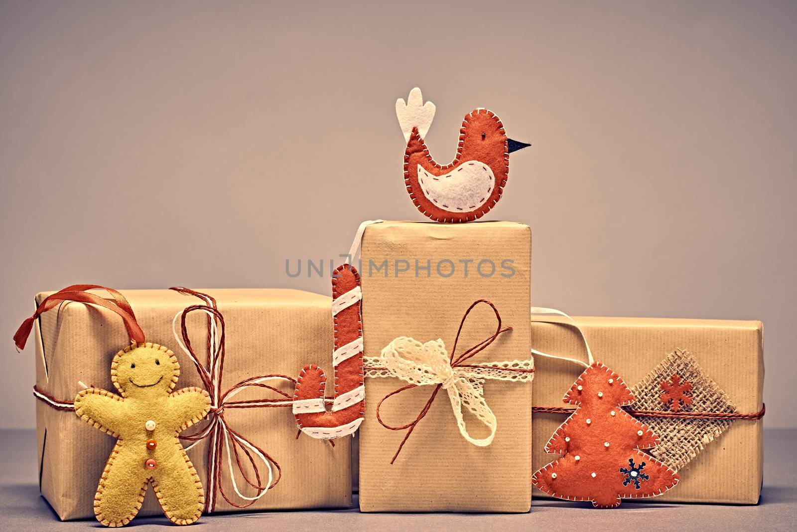 Gift boxes handcraft stack, gingerbread. Christmas by 918