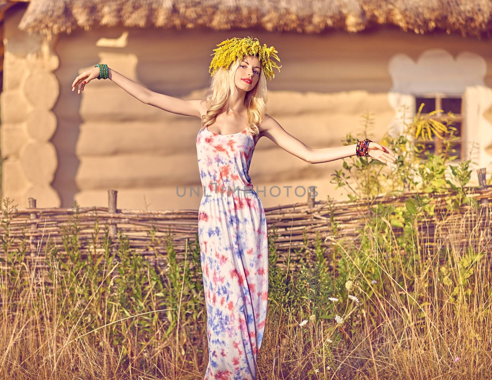 Beauty boho woman in wreath enjoying nature, relax, outdoors by 918