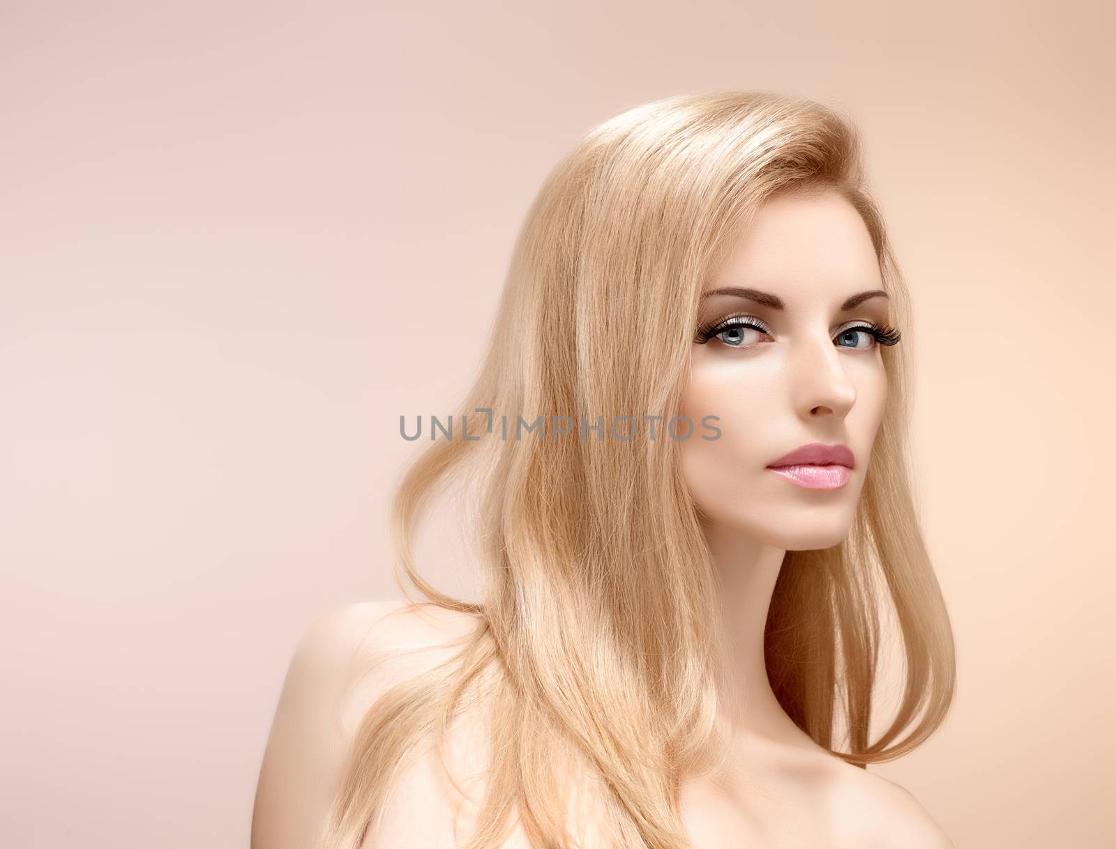 Beauty portrait nude woman, long eyelashes, perfect skin, natural makeup, fashion. Sensual attractive pretty blonde sexy model girl on pink, shiny straight hair. People face closeup, spa, copyspace