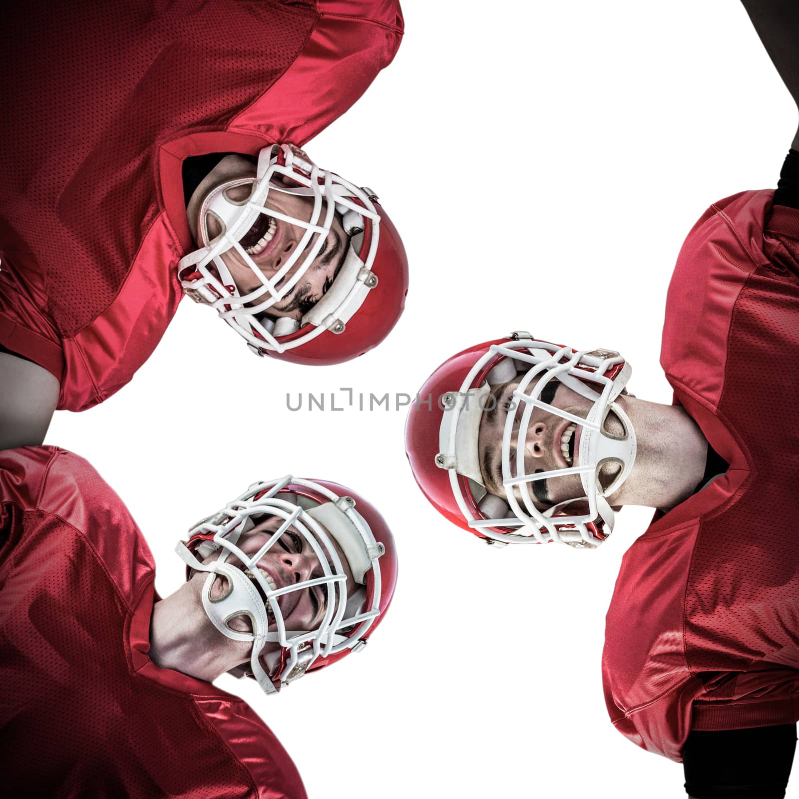 American football huddle against white background with vignette