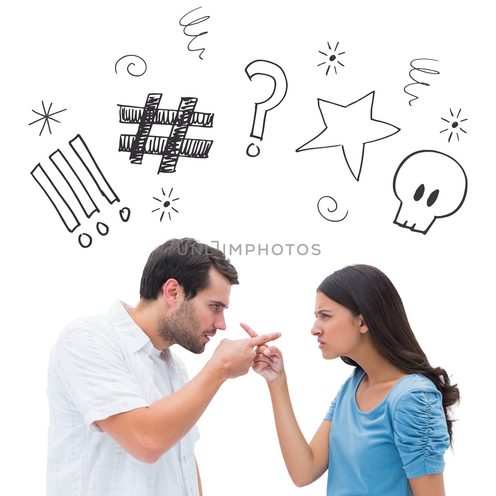 Angry couple pointing at each other against swearing doodles
