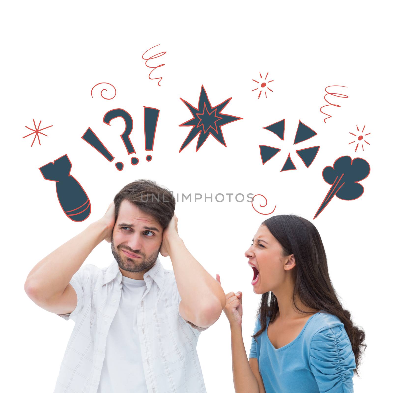 Angry brunette shouting at boyfriend against swearing doodles