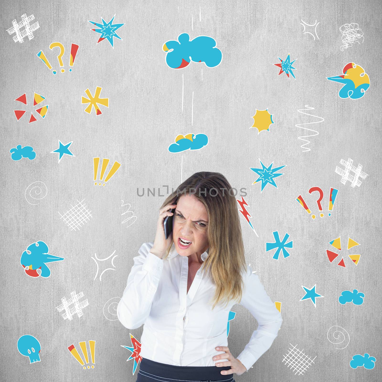 Angry businesswoman talking on mobile phone against white background