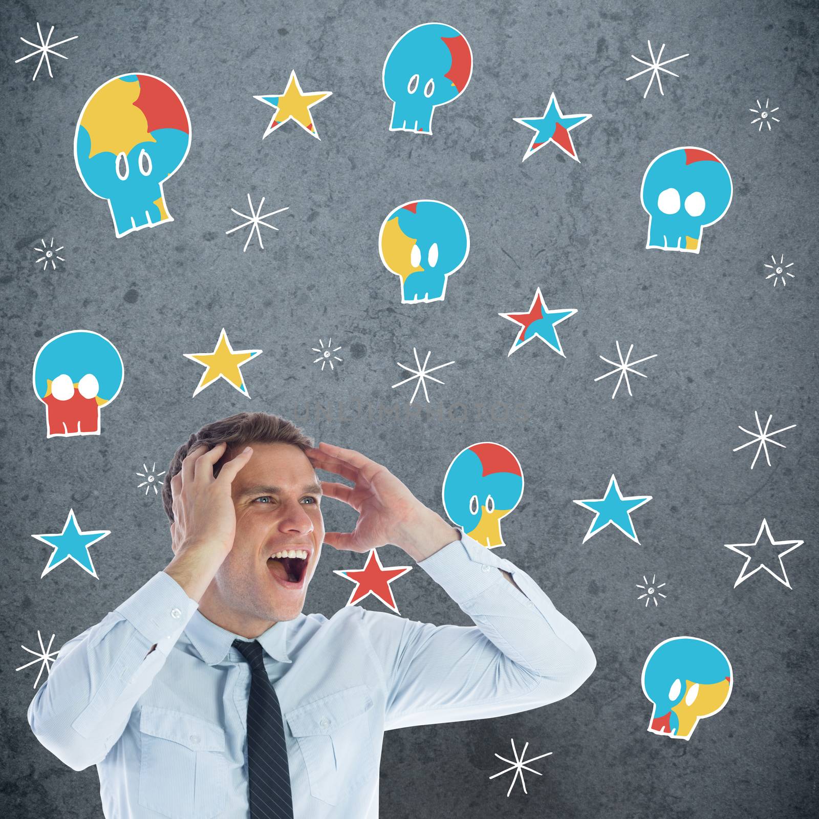 Stressed businessman shouting against dirty old wall background