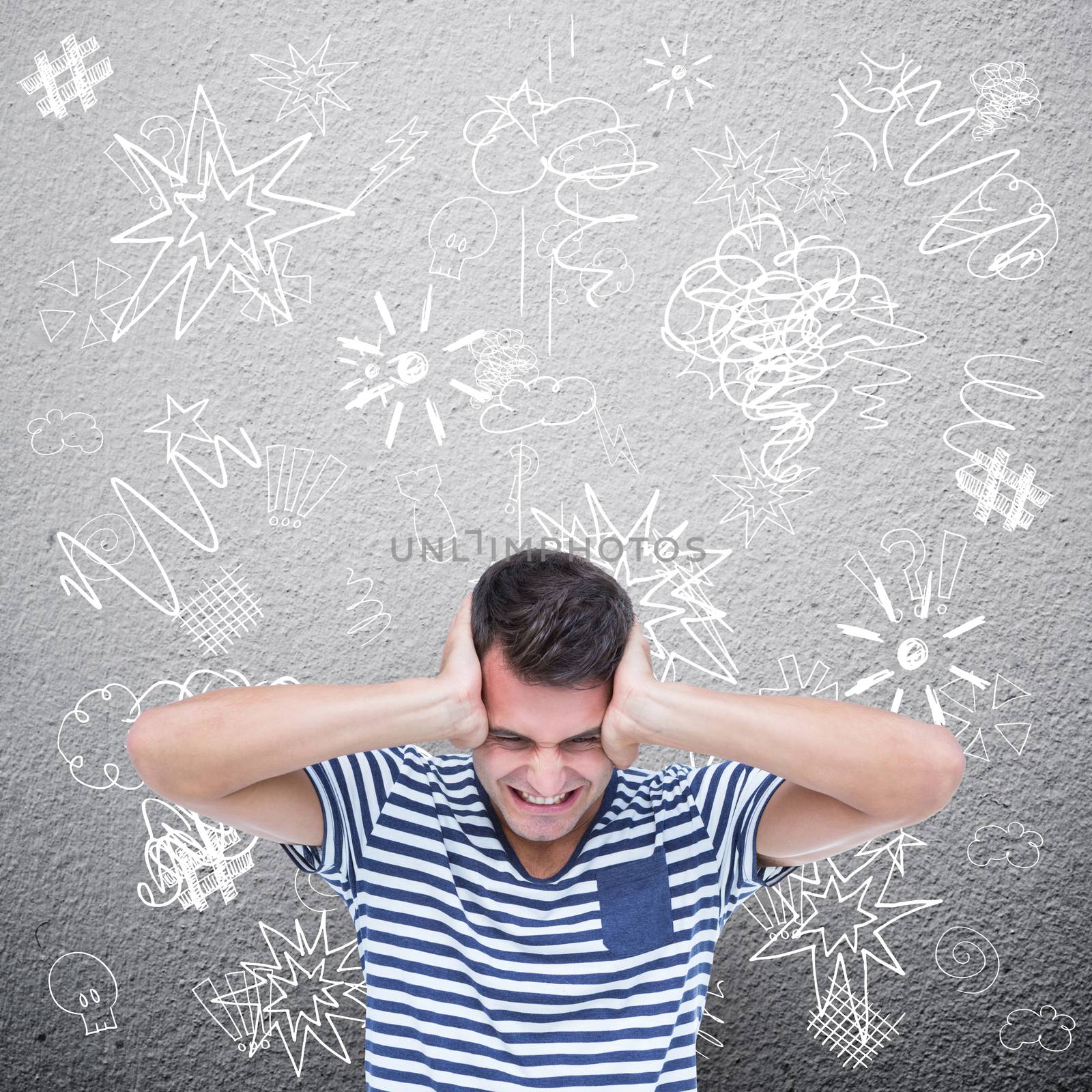 Composite image of frustrated man covering ears by Wavebreakmedia