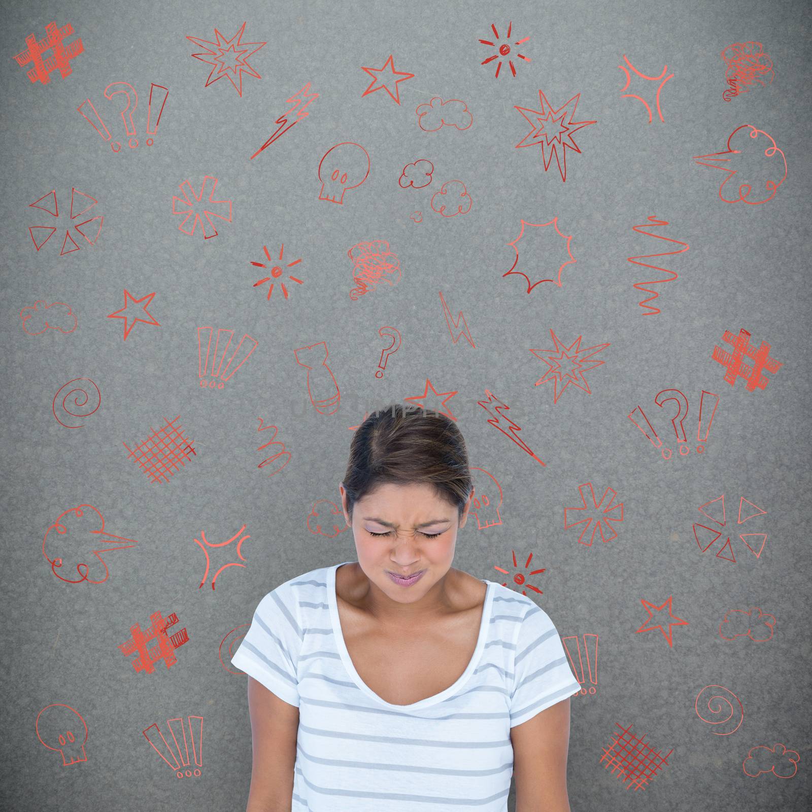 Angry woman with eyes closed against grey background