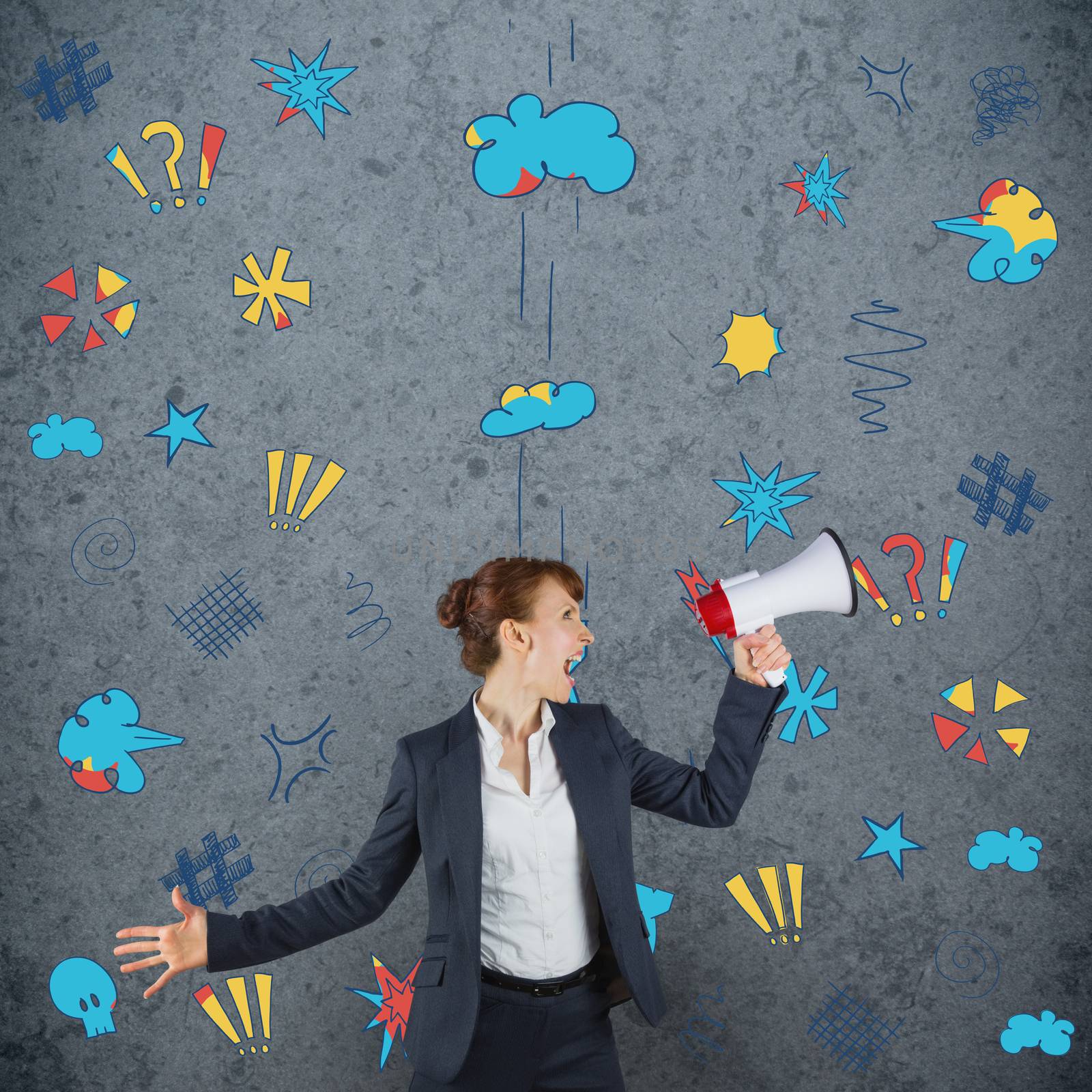 Businesswoman with loudspeaker against dirty old wall background